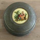 Vintage Round Aluminum Metal Vanity Victorian Couple Powder Puff Music Box