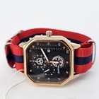 Men s Watch 42mm Black Dial Gold Case Date Indicator Red Blue Canvas Band Strap
