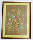 Vintage Framed Embroidery Of Colorful Chicken Tree