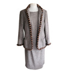 Vintage Escada Dress Jacket Suit Set Alpaca Wool Tweed Striped Mink Fur Trim   L