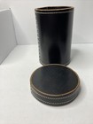 Round Black Leather Stitched Container W lid Approx 6 1 2    Tall X 4 1 4   