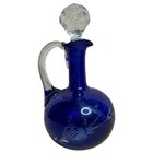 Vtg Mid Century Czech Cobalt Blue Glass Cruet Etched Crystal Stopper   Handle