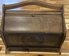Vintage Wooden Sewing Box Caddy Basket Flip Top Doors Read