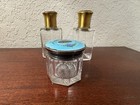 Antique Blue Guilloche Glass Enamel Vanity Set Perfume Bottles   Jar Pink Flower