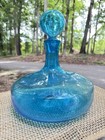 Vintage Indiana Glass Squat Decanter 9 5  Diam 11  Tall  Round Stopper Turquoise