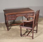 French Antique Gothic Revival Desk With Chair In Solid Carved Chestnut Wood