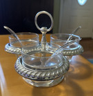     Vintage Serving Dish 3 Glass Bowls Cups Plastic Spoons Silver Plated Antique    