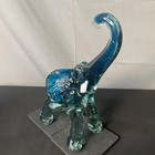 Glass Elephant Blue Figurine Hand Blown Art Glass Trunk Up 8 5  Tall