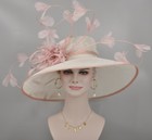 White W Blush Pink Church Kentucky Derby Party Wedding Tea Wide Brim Sinamay Hat