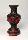 Chinese Cinnabar Lacquer Vase Black   Red Floral Hand Carving 6  With Stand