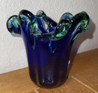 Vintage Murano Cobalt Blue   Green Art Glass Large Vase   Bowl 5 5   x6    - Signed
