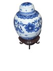 Large Antique Chinese Blue White Porcelain Vase Jar With Carved Stand   Cover