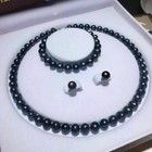 Hot Aaa  9-10mm Tahitian Black Pearl Necklace Bracelet Earring Set 14k Gold