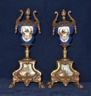 Vintage French Bird   Pink Roses Blue   Gold Pair Of Porcelain   Brass Urns  12 