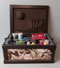    vintage Wooden Sewing Basket Box Padded Floral Fabric Handle Organizer Tray