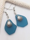 Teal Blue Dangle Sea Glass Earrings W  Silver Shells
