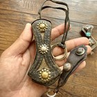 2 Antique Old Ethnic Tibetan Turquoise Bead Needle Leather Pouch Purse Case