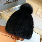 Womens Real Mink Fur Hat Beanie Skull Cap Knitted Warm Hat W Real Fox Fur Ball