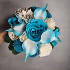 Teal Ivory Rose Calla Lily Real Touch Bridal Wedding Bouquet Accessories