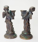 Gorgeous Vintage Bronze Winged Cherubs Playful Angels Candle Holder Pair
