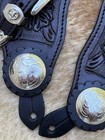 Adult Size Top Grain Black Leather Engraved Silver Western Pair Spur Straps