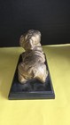 Vintage Gold Tone Wrinkled Bulldog Puppy Brass Sculpture Art On Wood Platform