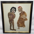 Antique Old Vintage Asian Cowhide Shadow Puppets Monk   Nude Woman Framed