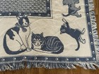 Vtg Woven Tapestry Throw Blanket Cats Crazy Cat Lady Blue White 90s Kitschy