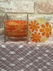 Vtg Lucite Flower Daisy 6 Pc Coaster Set yellow orange 70s W metal Holder