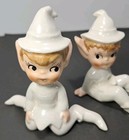Vtg Lefton Pixie Elf Figurines Iridescent White Ceramic Pearlescent Glaze Set-2