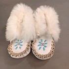 Vtg Handmade Baby Moccasins Soft White Leather   Rabbit Fur Turquoise   Pink