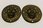 Vintage Pair Brass Lion Head Face Decorative Plaques Heavy Euc