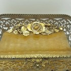 Vintage Matson Ormolu Ornate Rose Jewelry Box Beveled Glass Gold Filigree Footed