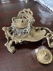 Antique Victorian Style Solid Brass   Glass Inkwell With Lid And Extra Lid
