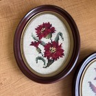 Set Of 2  Vintage Framed Red Floral Needlepoint In Oval Frames Mcm     
