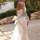 Lace Beaded Wedding Dress With Bow Detachable Sleeve Mermaid Long Bridal Gown
