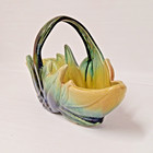 Mid-century Art Pottery Leaf Planter     Green Blue Drip Glaze     Mcm Vintage