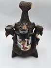 Vintage Rustic 1960s Folk Cabin Liquer Bottle Bark Wood Decanter Shot Glass Set