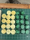 Vtg Crisloid Bakelite Green Yellow Large Backgammon Chips - 28pcs W  Extras -b4