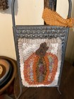 Primitive  handmade  wool Rug Hooking homespun Pumpkin On Antique Kitchen Grater