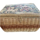 Vintage Wicker Sewing Basket Woven Box Tapestry Floral Lid Hinged Handle