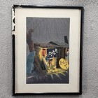 Vintage Japanese Woodblock Print Night Street Scene Signed Framed Showa Era