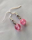 Bubblegum Pink Crackle Glass Bead Drop Hook Earrings Silver Tone Mod Boho Chic