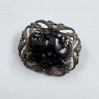Vintage Black Carved Stone Sterling Silver Marcasite Lapel Pin Brooch