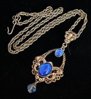 Vintage Lavalier Necklace Art Nouveau Pendant W  Antique Blue Czech Glass