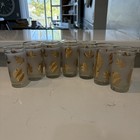 Set Of 7 Vintage Libbey Frosted Gold Leaf Foliage Glasses Fall Tumblers - Mcm