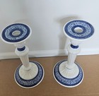 Vtg Blue White Candlestick Pair 12  Glazed Porcelain French Country Cottagecore
