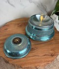 Vintage Blue Metallic Music Box Powder Puff Dish W  Lid Metal - Works 