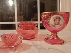 19th Century Bohemian Gilt Cranberry Glass   Portrait Goblet  Handmade Antique 