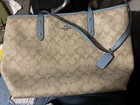 Coach Signature Logo Large Tote Shoulder Bag Beige blue Zip  Pockets  Charm